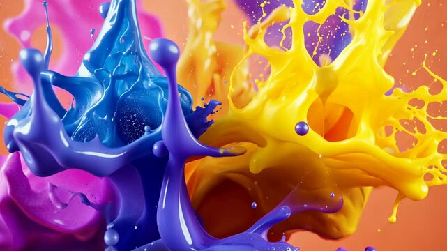 A close-up photo of vibrant yellow, blue, and pink paint splattering in mid-air