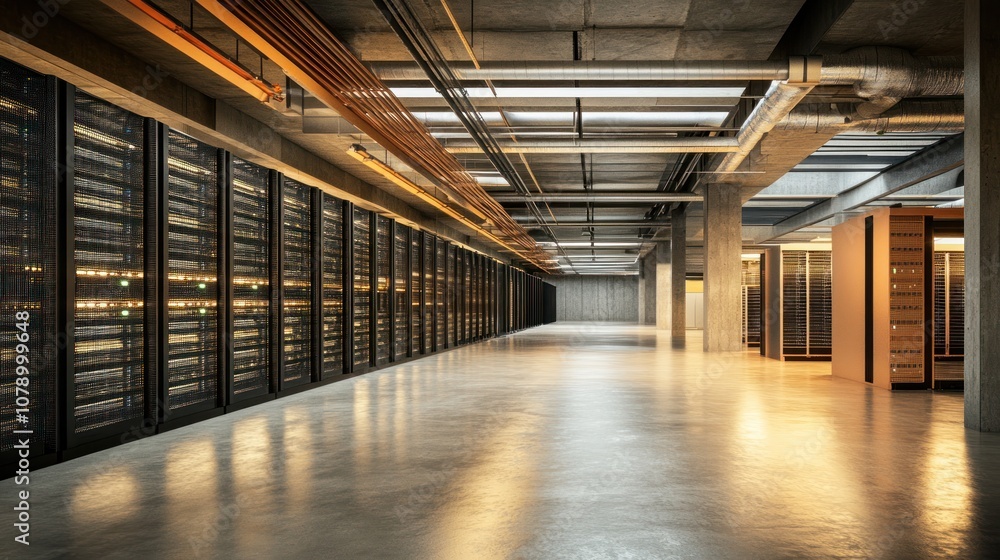 Poster a spacious data center with rows of server racks and industrial architecture.
