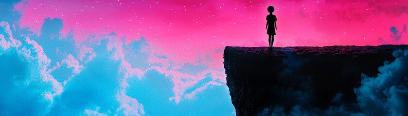 Obraz premium Silhouette stands on a cliff edge under a vivid pink and blue sky, evoking wonder and reflection.
