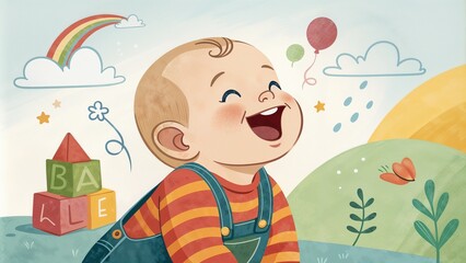 Happy baby laughing with colorful toys and rainbow in playful outdoor environment