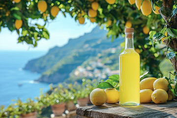 A bottle of italian limoncello placed on a rustic table, lush lemon trees and the amalfi coastline in the background.