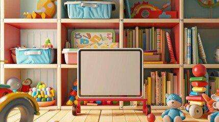 A children's playroom with a blank screen on a tablet, toys and books neatly organized on shelves