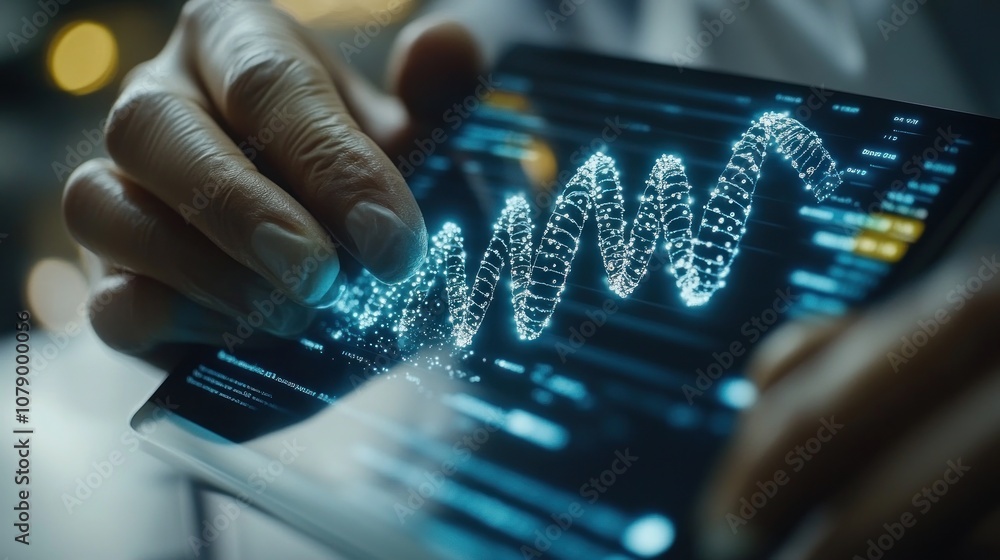 Poster hands interacting with a digital waveform on a tablet screen.