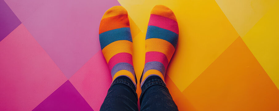 Bold geometric patterned socks on feet standing on colorful background. vibrant colors create playful and cheerful atmosphere, perfect for expressing individuality