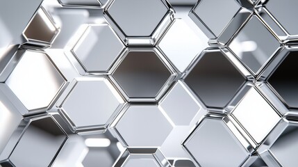Naklejka premium A modern silver and white 3D hexagonal structure, polished with mirrored surfaces. Light reflects off every angle, creating an elegant, high-tech look.