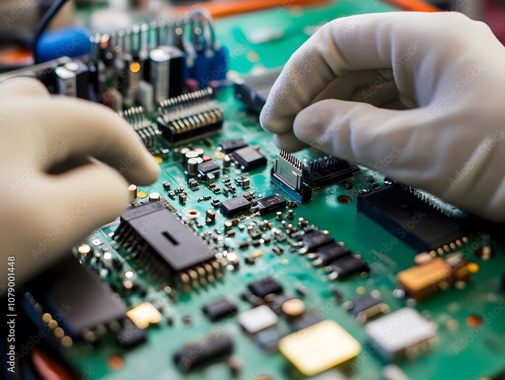 Poster expert hands assembling electronic components on circuit board with precision and care in a modern t