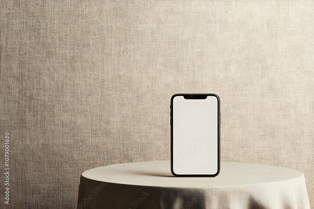 Poster modern smartphone mockup with blank screen on a table in front of textured wall.