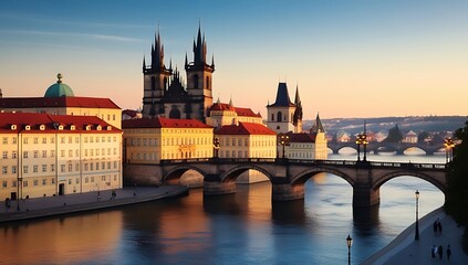 Naklejka premium Sunset View of Prague's Charles Bridge and Old Town Square