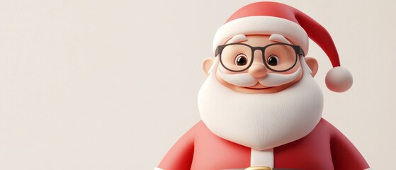A cartoonish image of Santa Claus wearing glasses and a red hat