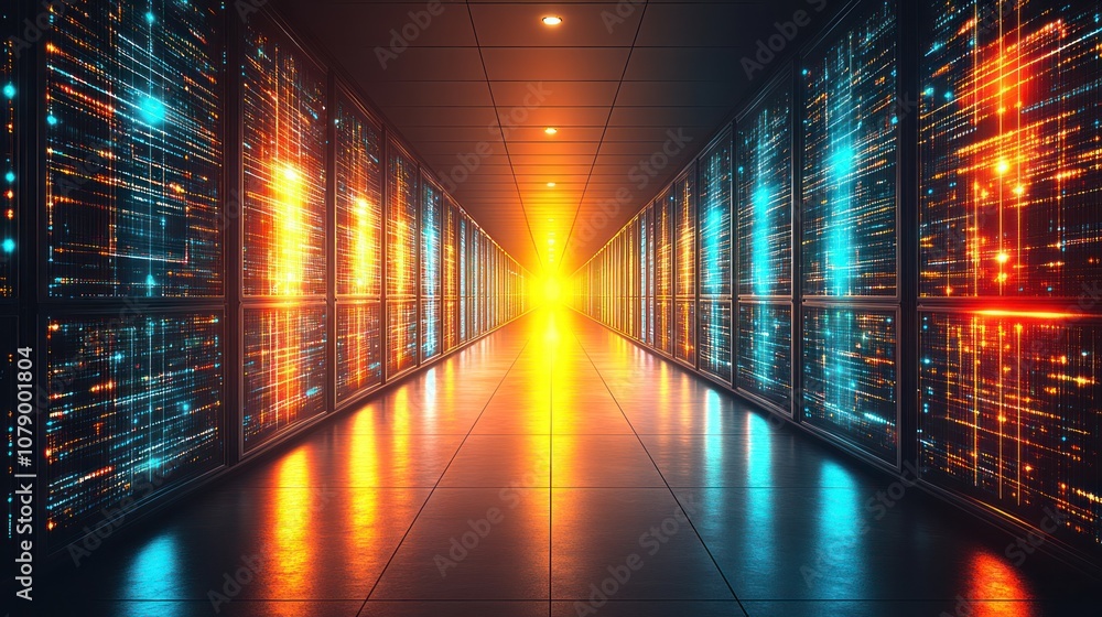 Poster illuminated hallway of glowing server racks in a data center.
