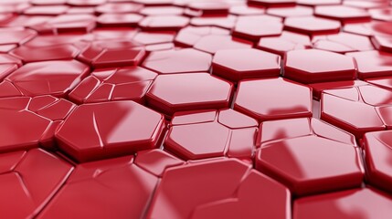 Obraz premium A network of red octagonal tiles, some raised and others recessed, creating a tactile 3D surface with a glossy finish and subtle reflections.