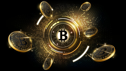 Golden Bitcoin Cryptocurrency Concept with Floating Coins and Digital Technology Background, Highlighting Blockchain and Digital Asset Investment, vector illustration