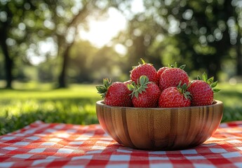 A bowl of red strawberries on a checkered tablecloth