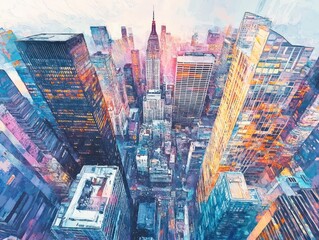 Cityscape of a modern city with skyscrapers and a tower in the center. The image is done in watercolor style with vibrant colors.