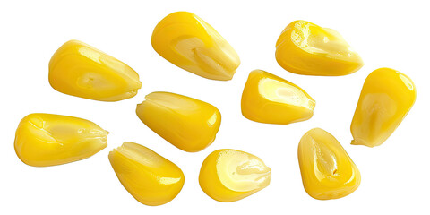 Closeup of yellow corn kernels isolated on a transparent background.