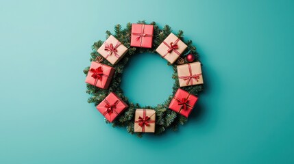 A colorful Christmas wreath adorned with small presents, creating a festive and cheerful holiday decoration.