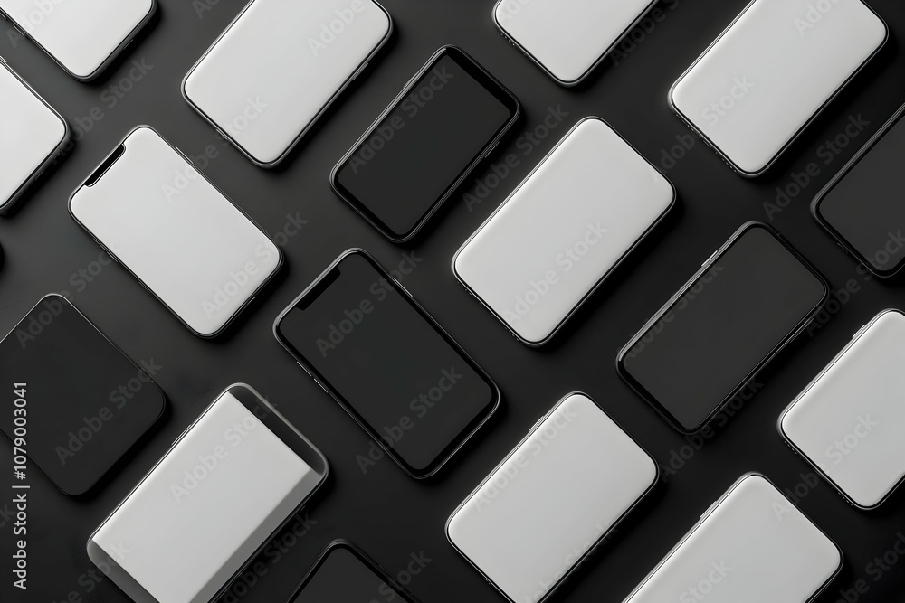 Aufkleber multiple smartphones with blank screens arranged on a black surface in a diagonal pattern.
