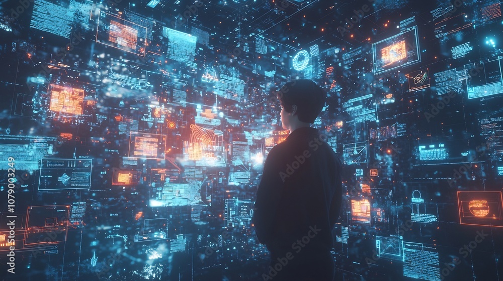 Aufkleber digital marketer surrounded by adaptive ai driven marketing campaigns in futuristic tech interface