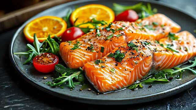 Fresh salmon sashimi with arugula, cherry tomatoes, and orange slices on a plate