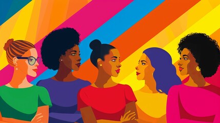 Five diverse women stand together with colorful stripes behind them.