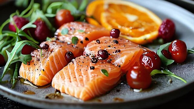 Fresh salmon sashimi with arugula, cherry tomatoes, and orange slices on a plate