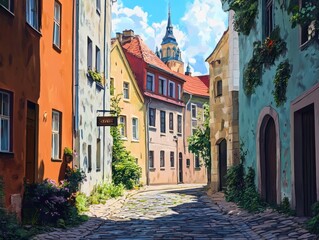 Cityscape of the old town of Riga, Latvia. Digital painting.