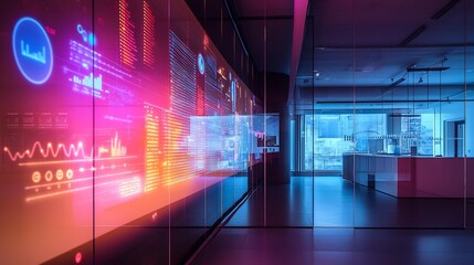 Fototapeta premium Interactive Data Visualization in Modern Office Environment with Transparent Wall Display