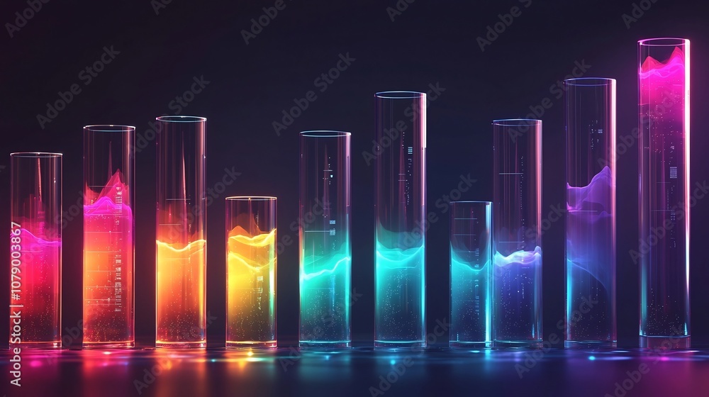 Poster vibrant glowing glass cylinders in fluid bar graph composition showcasing dynamic data visualization