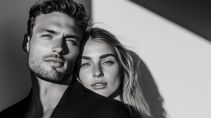 Young woman and man in dramatic black and white portrait, horizontal banner for fashion campaigns, luxury brand, perfume advertising, jewelry marketing, high-end lifestyle content