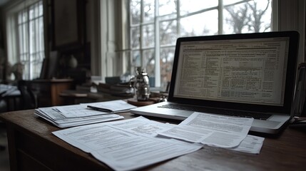 Laptop and Papers on Desk.