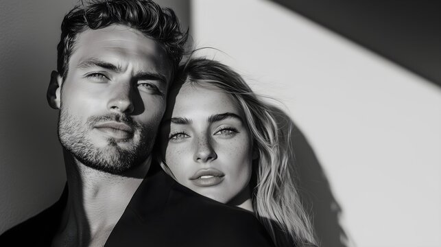 Young woman and man in dramatic black and white portrait, horizontal banner for fashion campaigns, luxury brand, perfume advertising, jewelry marketing, high-end lifestyle content