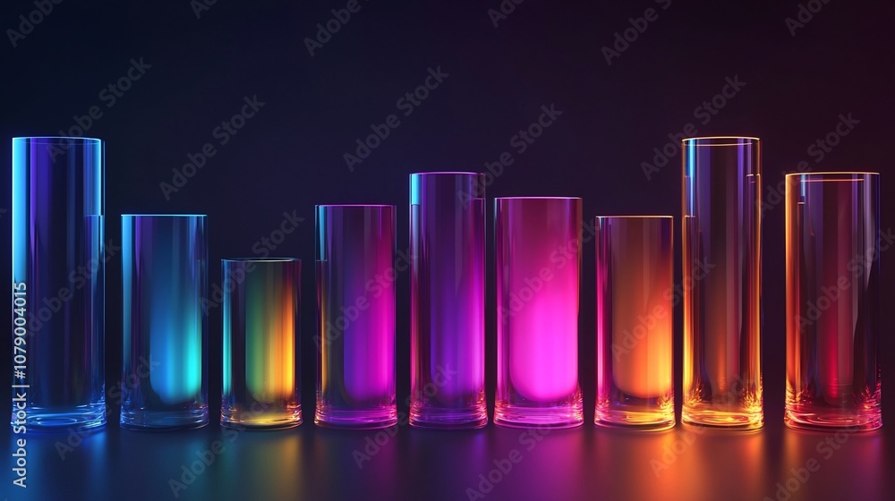 Poster glowing transparent cylinders forming dynamic data visualization graph concept