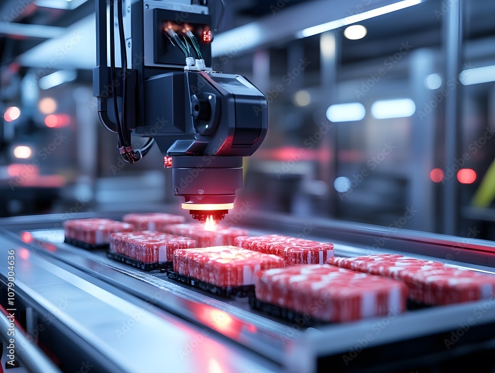 Poster Advanced Robotics in Industrial Automation: Close-Up of Robotic Arm Picking Packaged Products in a Modern Manufacturing Facility