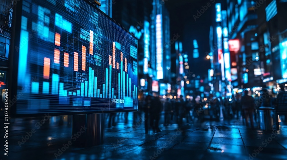 Poster futuristic digital billboard in city square displaying real time animated bar graph with dynamic dat