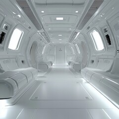 Obraz premium Futuristic spaceship interior with sleek design and bright lighting, showcasing advanced technology in a minimalist environment.