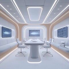 Modern conference room with sleek furniture and advanced technology, designed for collaborative meetings and innovative discussions.