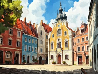 Fototapeta premium Cityscape of the old town of Riga, Latvia. Digital painting.