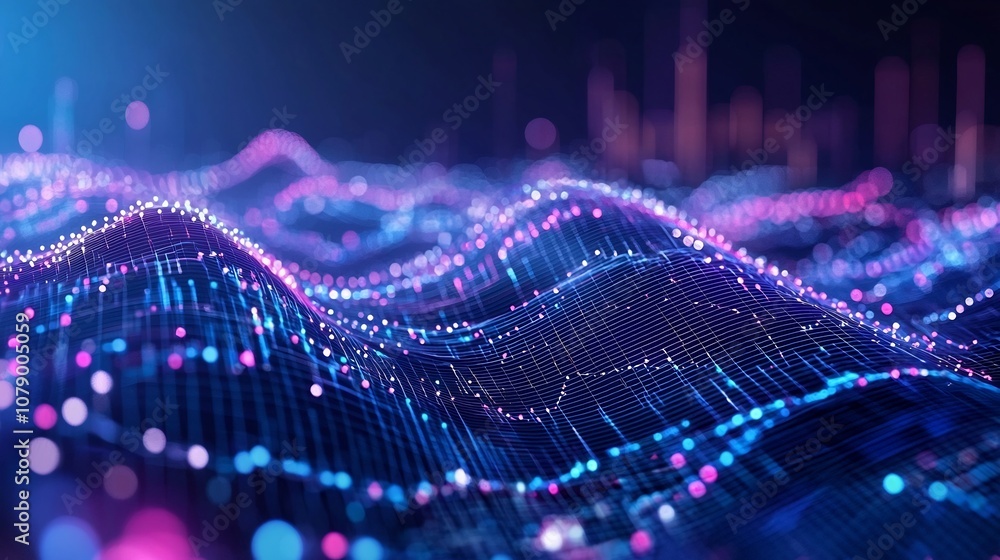 Poster interactive holographic line graph with floating data points in virtual reality environment