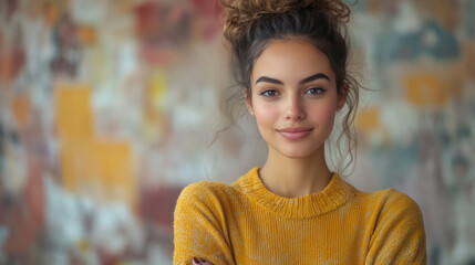Naklejka premium A young woman stands with her arms crossed in a warm, textured sweater, smiling softly against a vibrant, colorful background that enhances her cheerful demeanor.