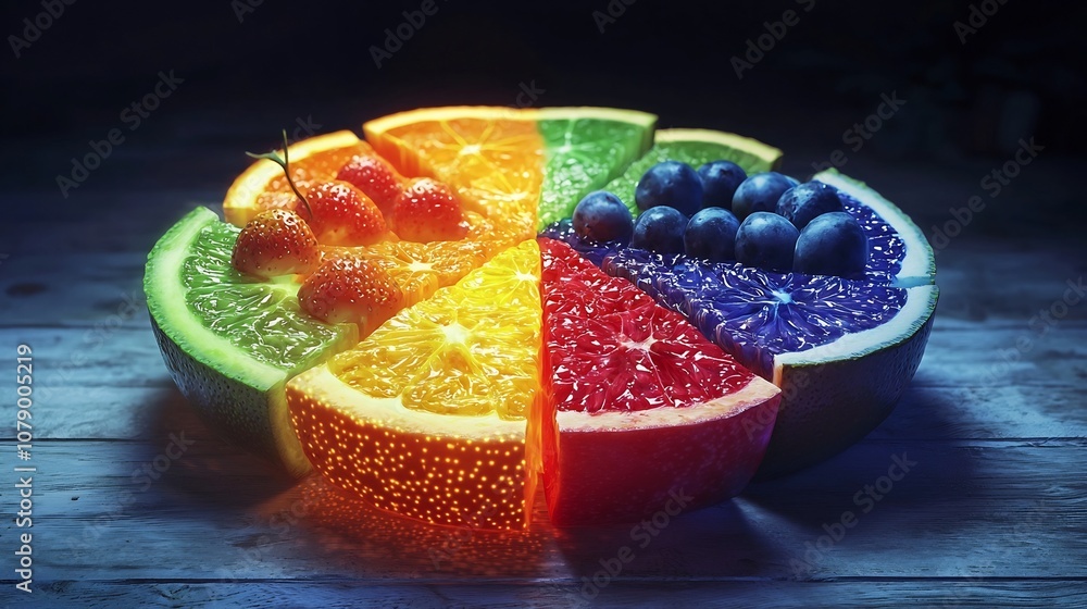 Poster vibrant fruit pie chart visualizing data categories in playful organic design
