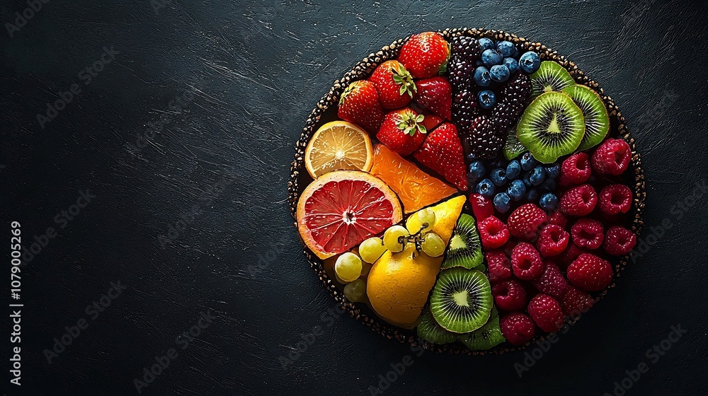 Poster conceptual fruit pie chart with glowing slices representing data categories