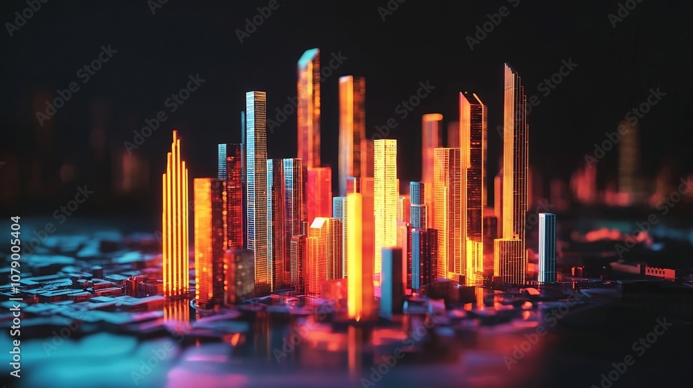 Poster glowing skyscraper data visualization in miniature cityscape