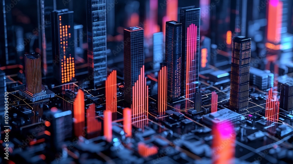 Poster illuminated 3d bar graph cityscape visualizing data analytics and finance concepts