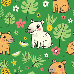 Seamless pattern with cartoon cute capybara animal, palm, monstera leaves, pineapple. Summer texture with funny animal. Vector texture