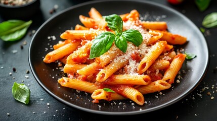 Italian Penne Arrabiata with Basil and Parmesan on Dark Table 