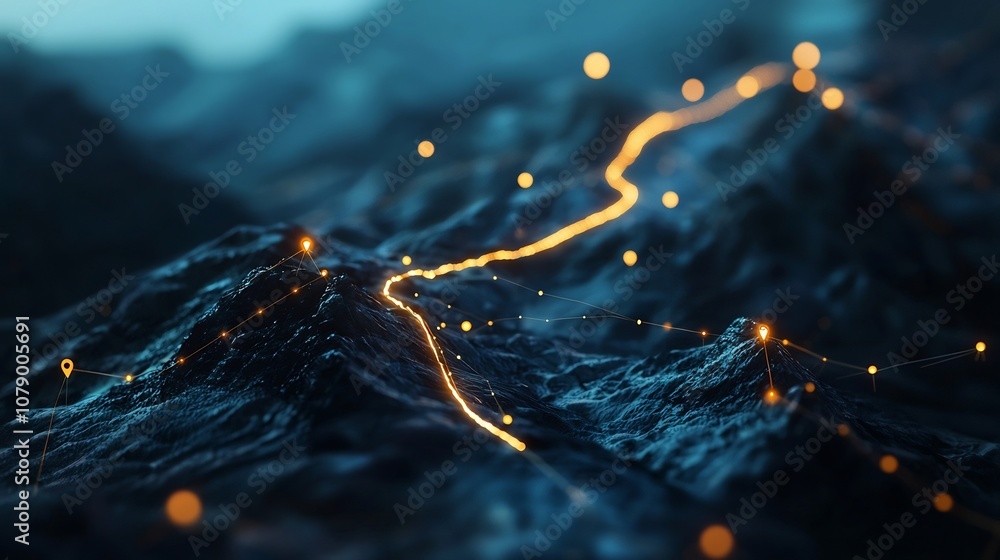 Poster conceptual mountain trail line graph with glowing markers symbolizing data analysis journey