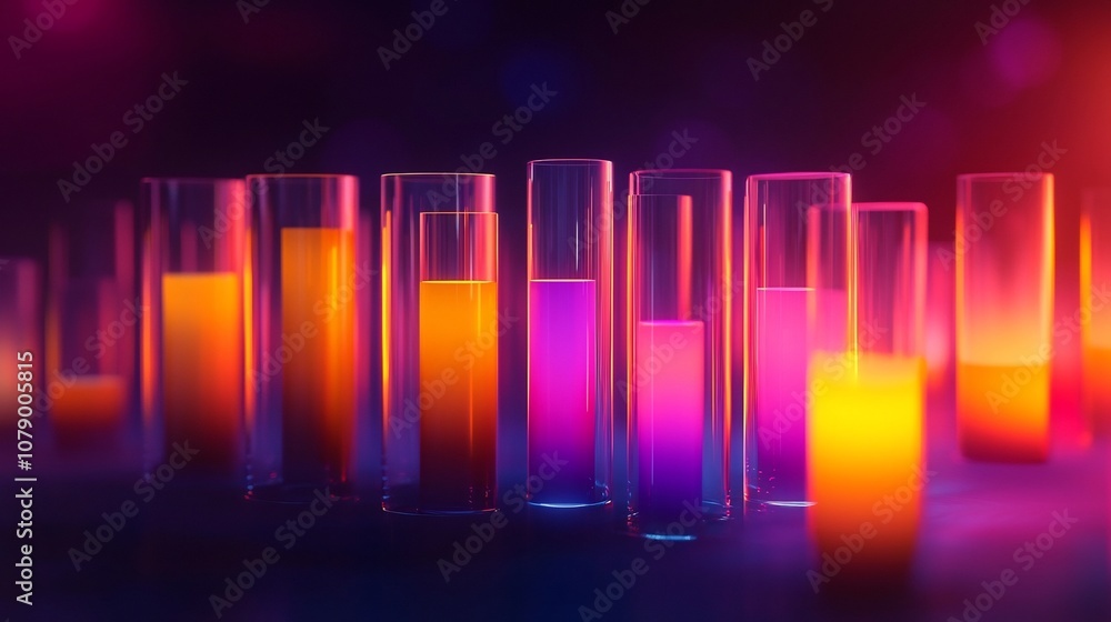 Poster glowing translucent bar graph with changing liquid levels representing real time data visualization