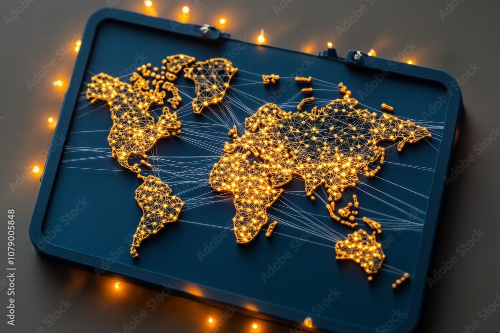 Poster Global map showing interconnected lines, representing the concept of worldwide internet network