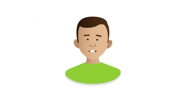 2D Illustrated male vector character talking head, different lengths of time animation. Mouth moving. Pauses for easy cutting. On white background.	
