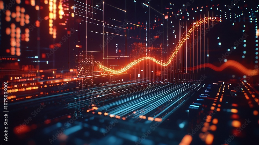 Poster futuristic 3d glowing line graph extending into space with pulsing data visualization in high tech e